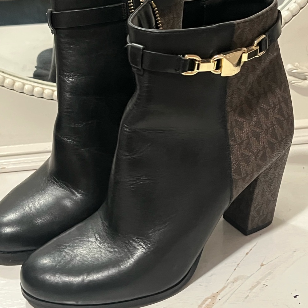 Michael Kors Black and Brown Ankle Boots with Gold Accent